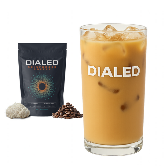DIALED Reinforced Coffee pouch with a prepared cup of coffee